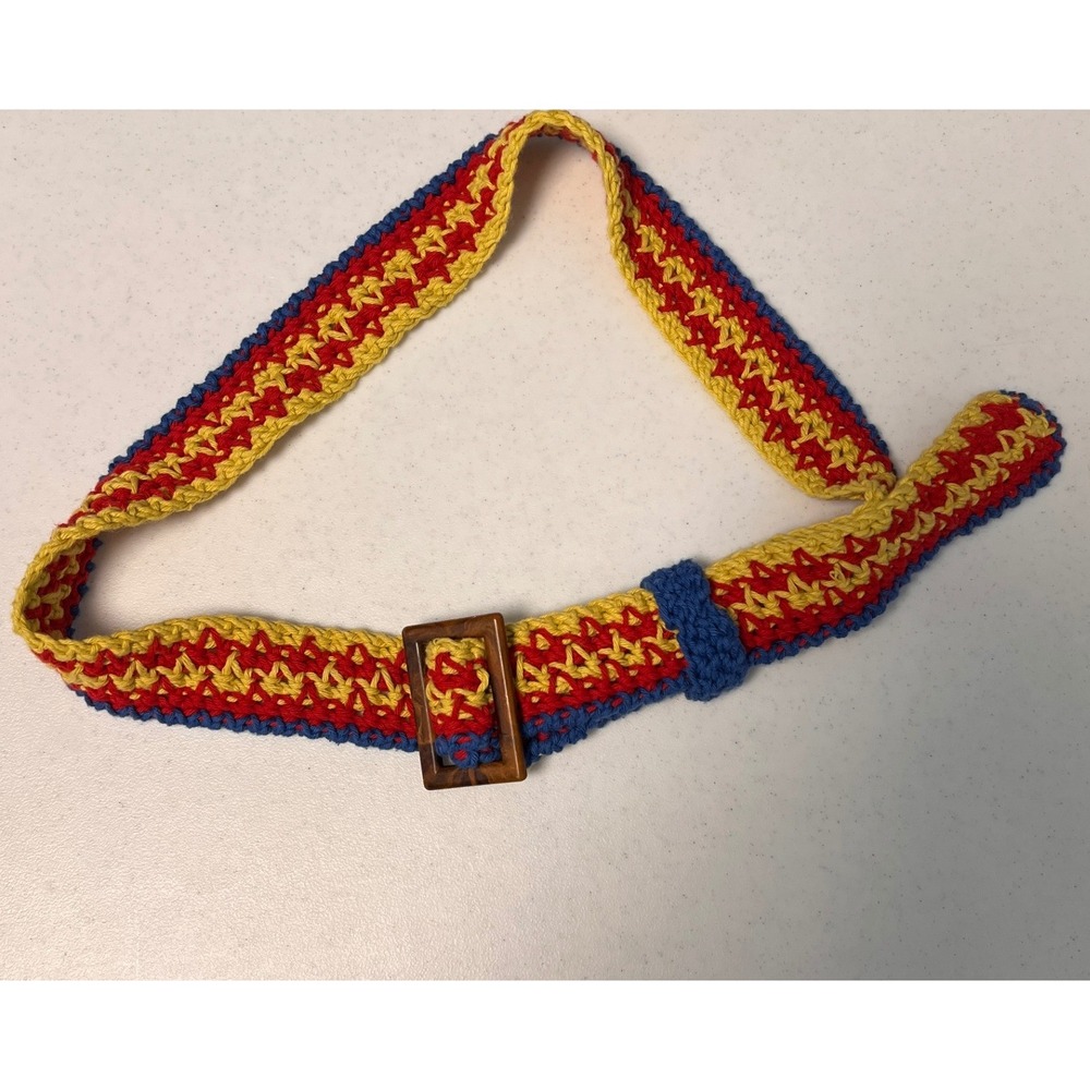 Mora Crochet Belt Red Yellow Blue Woven Boho Artisan Wood Buckle Y2K